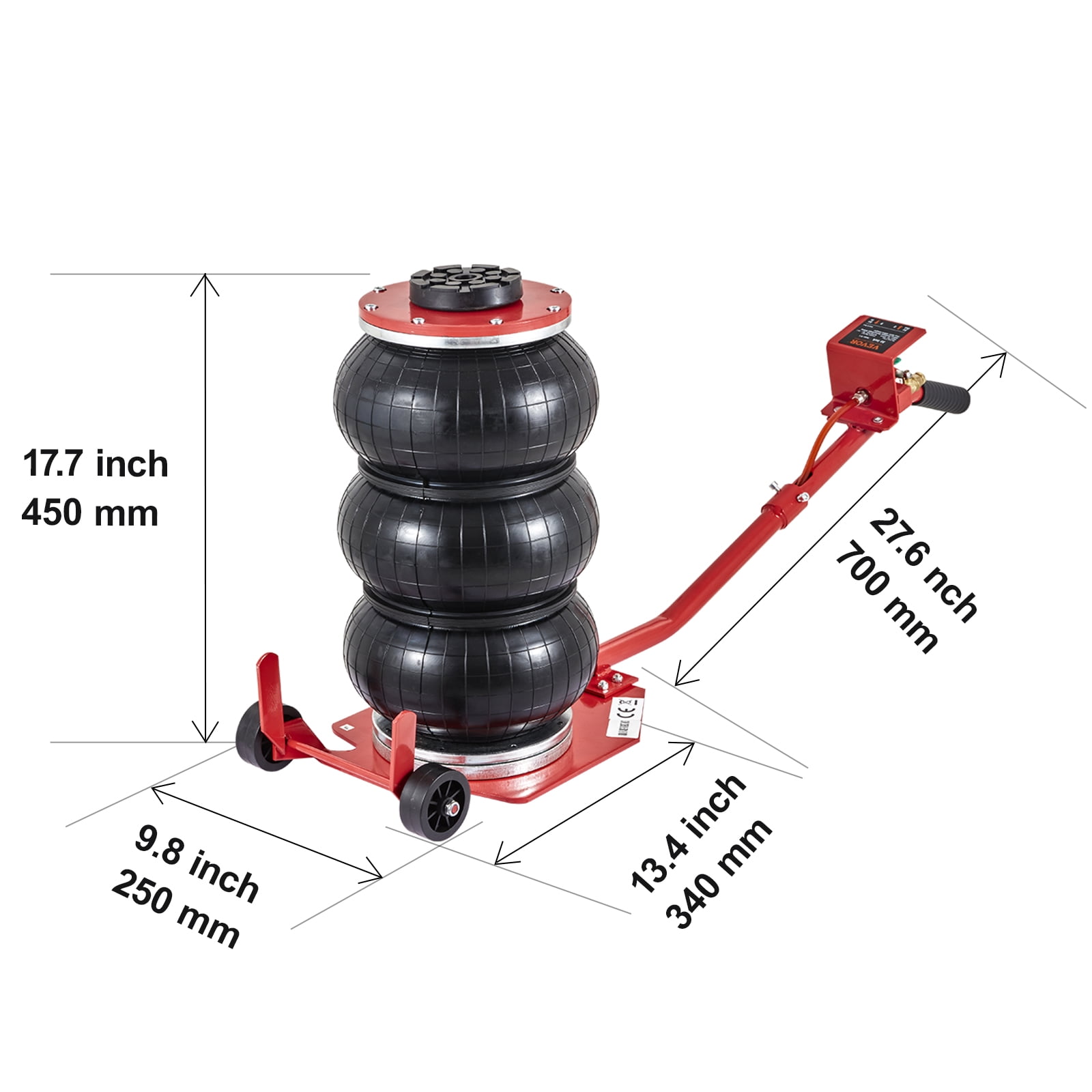 VEVOR Air Jack, 3 Ton/6600 lbs Triple Bag Air Jack, Airbag Jack with Six Steel Pipes, Lift up to 17.7 inch/450 mm,3-5 s Fast Lifting Pneumatic Jack,with Long Handles for Cars, Garages,Repair, (Red)