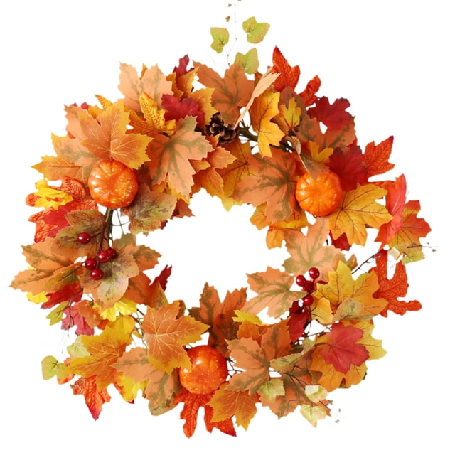 Halloween Pumpkin Maple Leaf Wreath For Window Display 20 in Diameter With Pinecones Berries And Ring