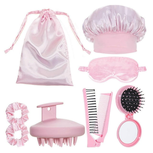 8pcs Hair Care Styling Tool Set With Elastic Shower Caps Skin Friendly Eye Mask Foldable Comb Scalp Cleaner Brush