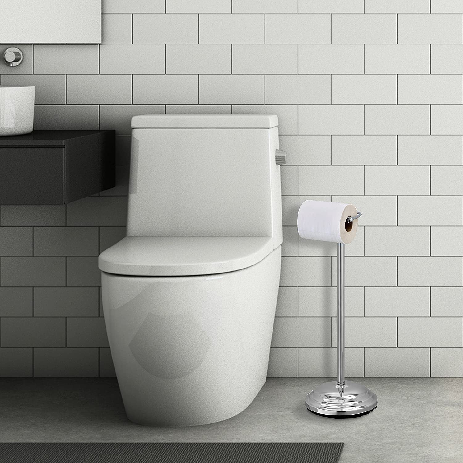 MyGift Silver Free Standing Toilet Paper Holder, Chrome-Plated Metal Heavy Weighted Tissue Stand, Classic Bathroom Single Roll Dispenser Stand with Round BaseMyGift Silver Free Standing Toilet Paper