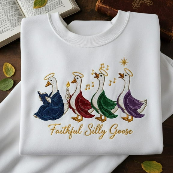 Faithful Silly Goose Embroidered Sweatshirt, Goose Carolers Hoodie, Funny Religious Gift, Christian Bird Shirt, Cute Christmas