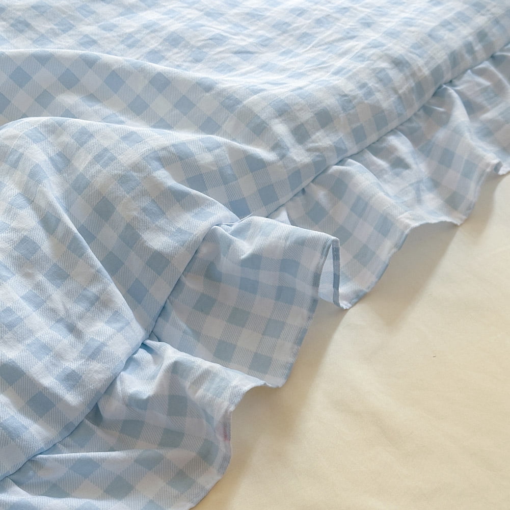 Light Blue Gingham Ruffle Queen Comforter Set, Blue Ruffled Plaid Bedding Set, Ruffled Checked Bed Comforter 3 Pieces(Light Blue Gingham, Queen)