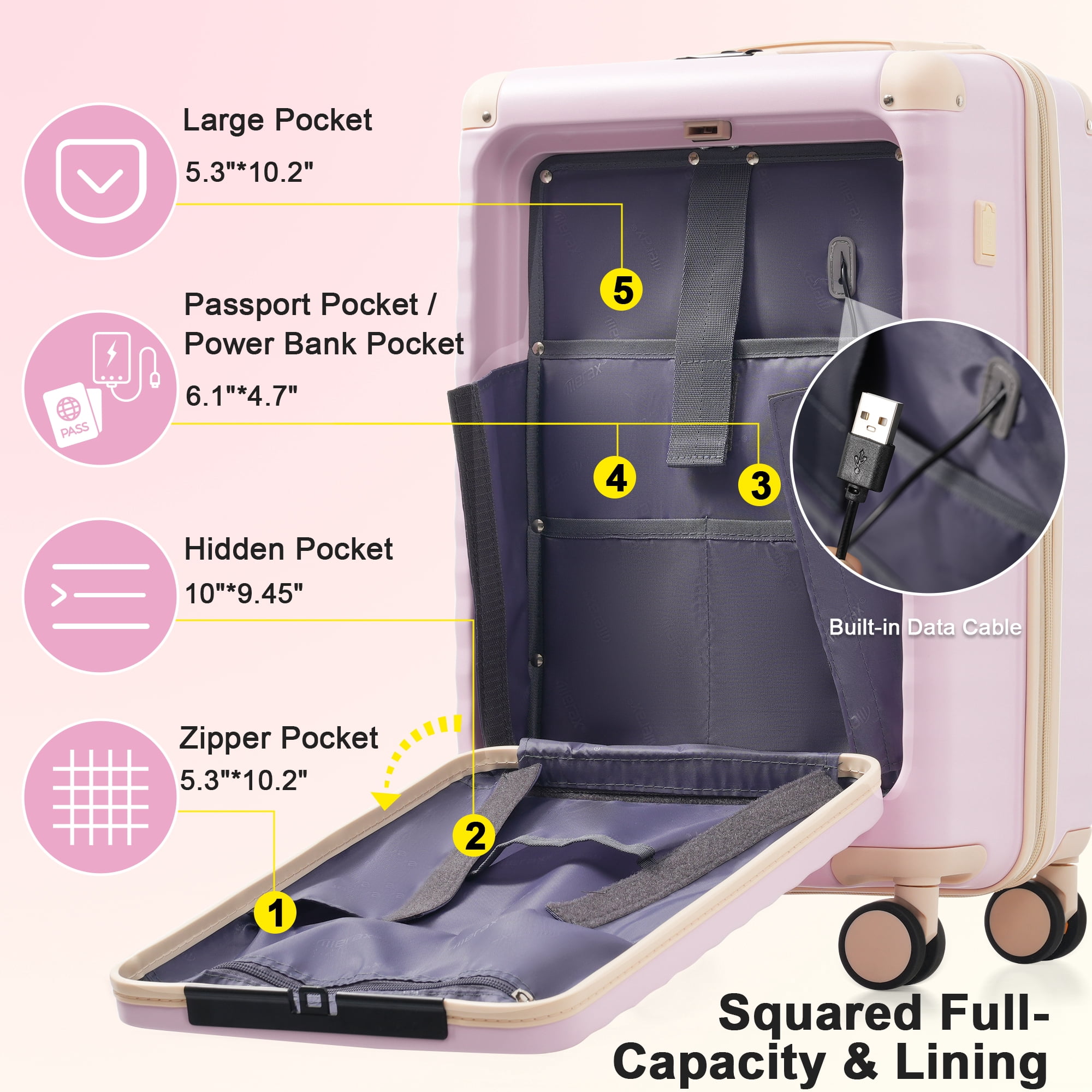 3-Piece Luggage Set, 20"24"28", USB Port, Cup Holder, Expandable, TSA Lock, Travel Accessories