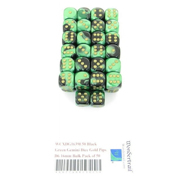 Black and Green Gemini Dice with Gold Colored Pips D6 16mm (5/8in) Bulk Pack of 50 Wondertrail