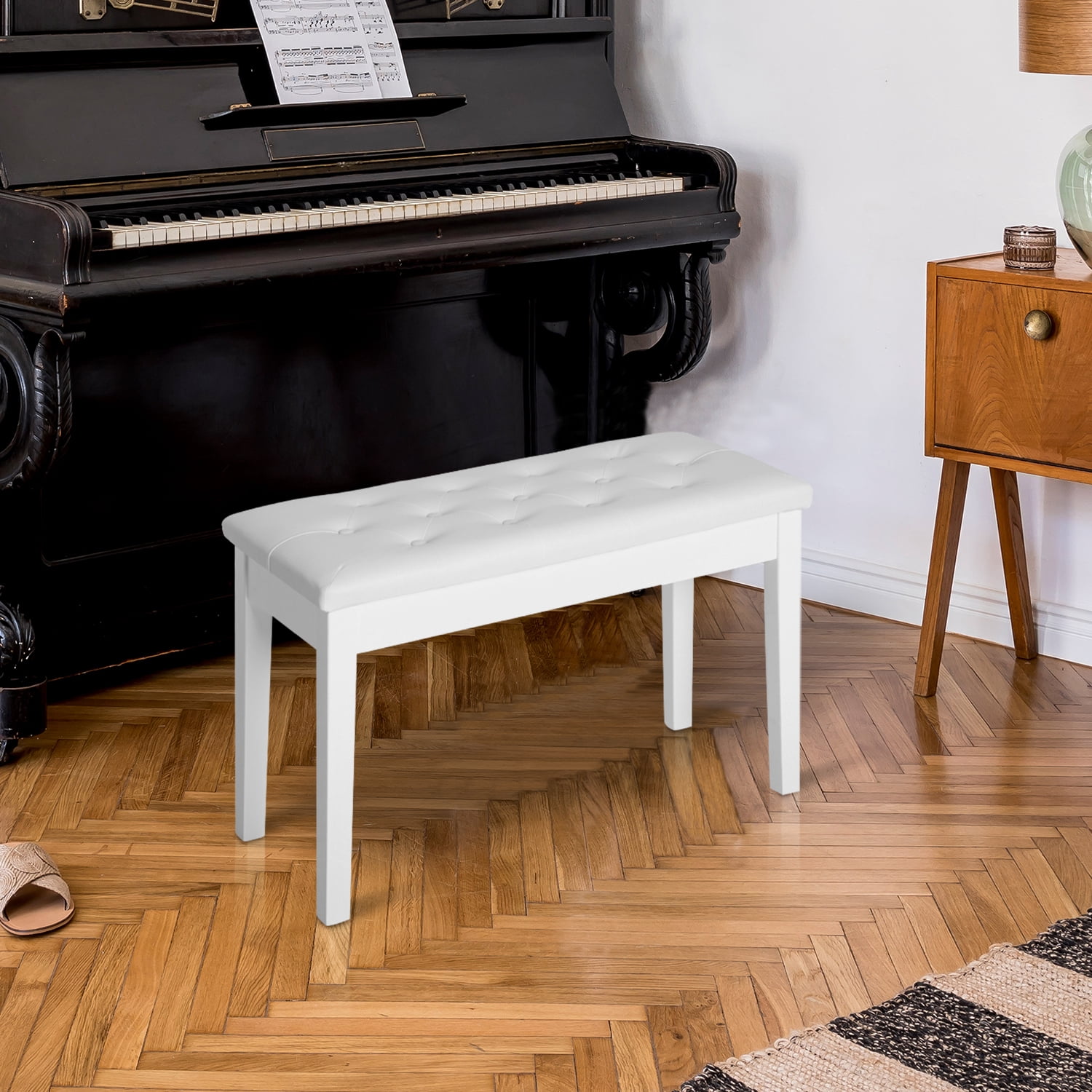 HOMCOM Piano Bench, Duet Piano Chair with Faux Leather Padded Cushion, White