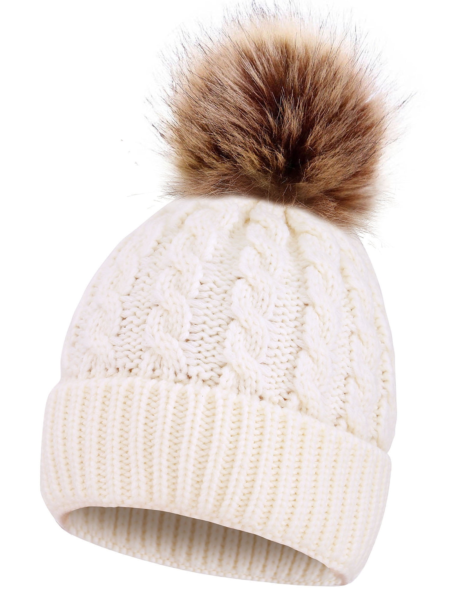 GRAMONI Women's Winter Ribbed Knit Faux Fur Pompoms Chunky Lined Beanie Hats 