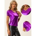 thumbnail image 2 of Camiseta de Color Metálico para Mujer con Cuello en V Party Clubwear Shiny Top Púrpura XL, 2 of 5