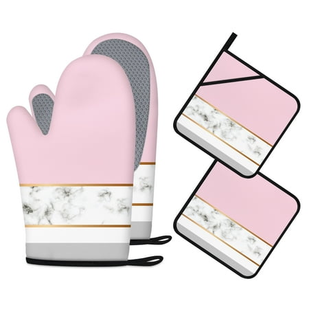 

Pink Oven Mitts and Pot Holders Sets of 4 Pink White Marble Silicone Oven Mitts Gloves Heat Resistant Non-Slip Grip Kitchen Mittens Potholders for Cooking Baking Grilling BBQ (Pink) C48