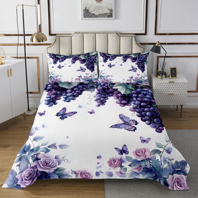 Ensembles de Couvre-Lits Taille Simple Papillon Violet, Ensemble de Couvre-Lit Botanique Raisin Tropical pour Femmes Filles, Ensemble de Literie Fleurs Ombrées Floraison pour Déco de Chambre, Ensemble de Lit Violet Jardin de Rêve