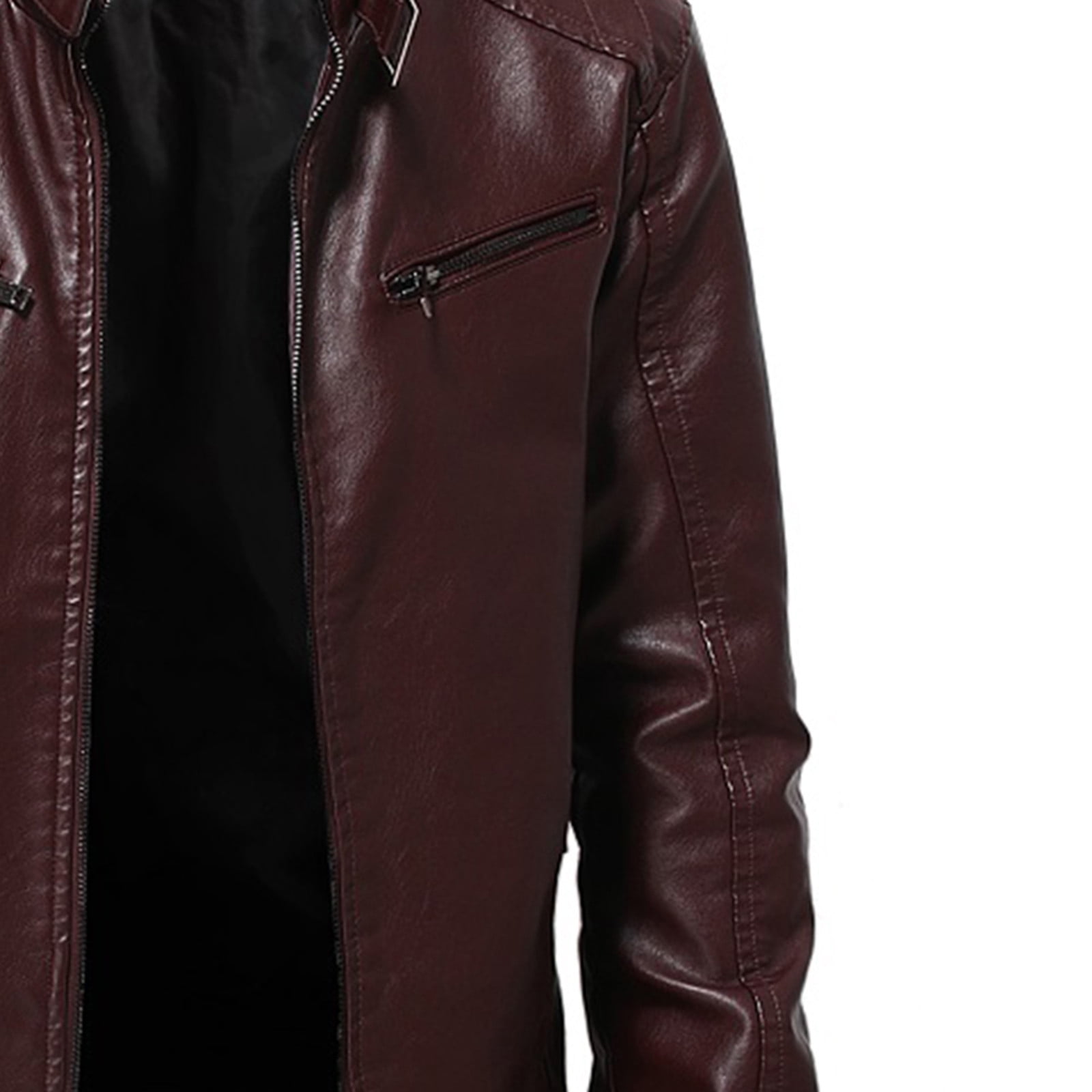 Bazeneo Jackets for Men Zip Up Leather Jacket Stand Collar Faux Leather Jacket Long Sleeve Windproof Biker Jackets Plain Colour Slim Fit Outwear Mens Warm Pu Tops with Pockets
