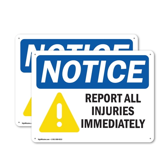 (2 Pack) Report All Injuries Immediately Symbol OSHA Notice Sign 10 Inch X 7 Inch Indoor / Outdoor Rust-Free Aluminum Metal Signs for Workplace, Workshop, and Construction Site, Made in