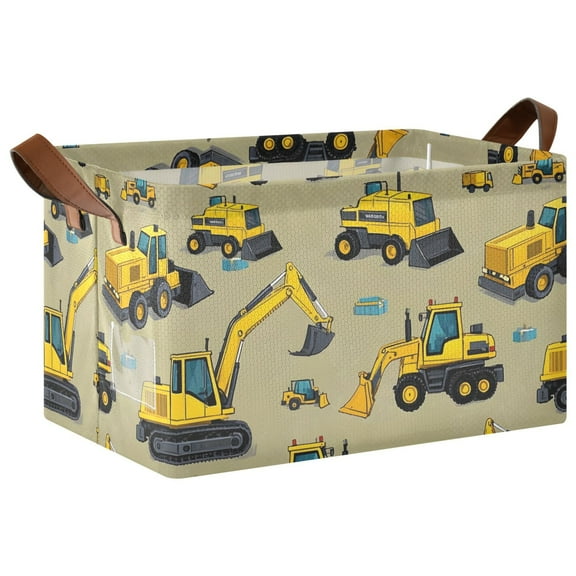 Collapsible Storage Bins Fabric Shelf Baskets with Handles Closet Organizer Yellow Construction Vehicles 16.9x11.4x10