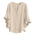 thumbnail image 4 of CQONEPT Linen Button Down Shirt for Girl 3/4 Length Ruffle Sleeve Tops Casual V Neck Cute Shirts Summer Vacation Blouses Beige 3 Years, 4 of 7