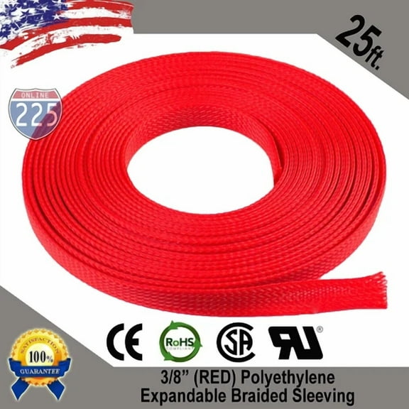 25 Feet 3/8" Red Expandable Wire Cable Sleeving Sheathing Braided Loom Tubing Us