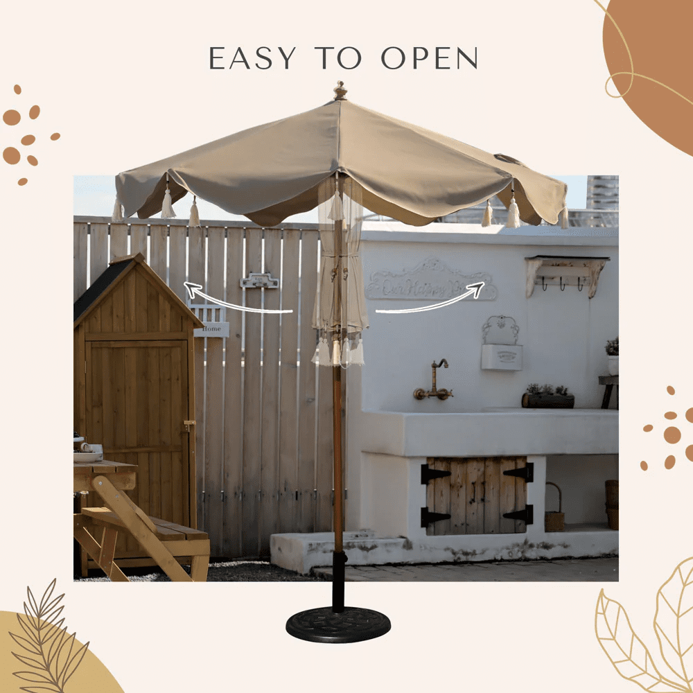 Boho Fringe Umbrella Wood Market Umbrella, Khaki + Tassels