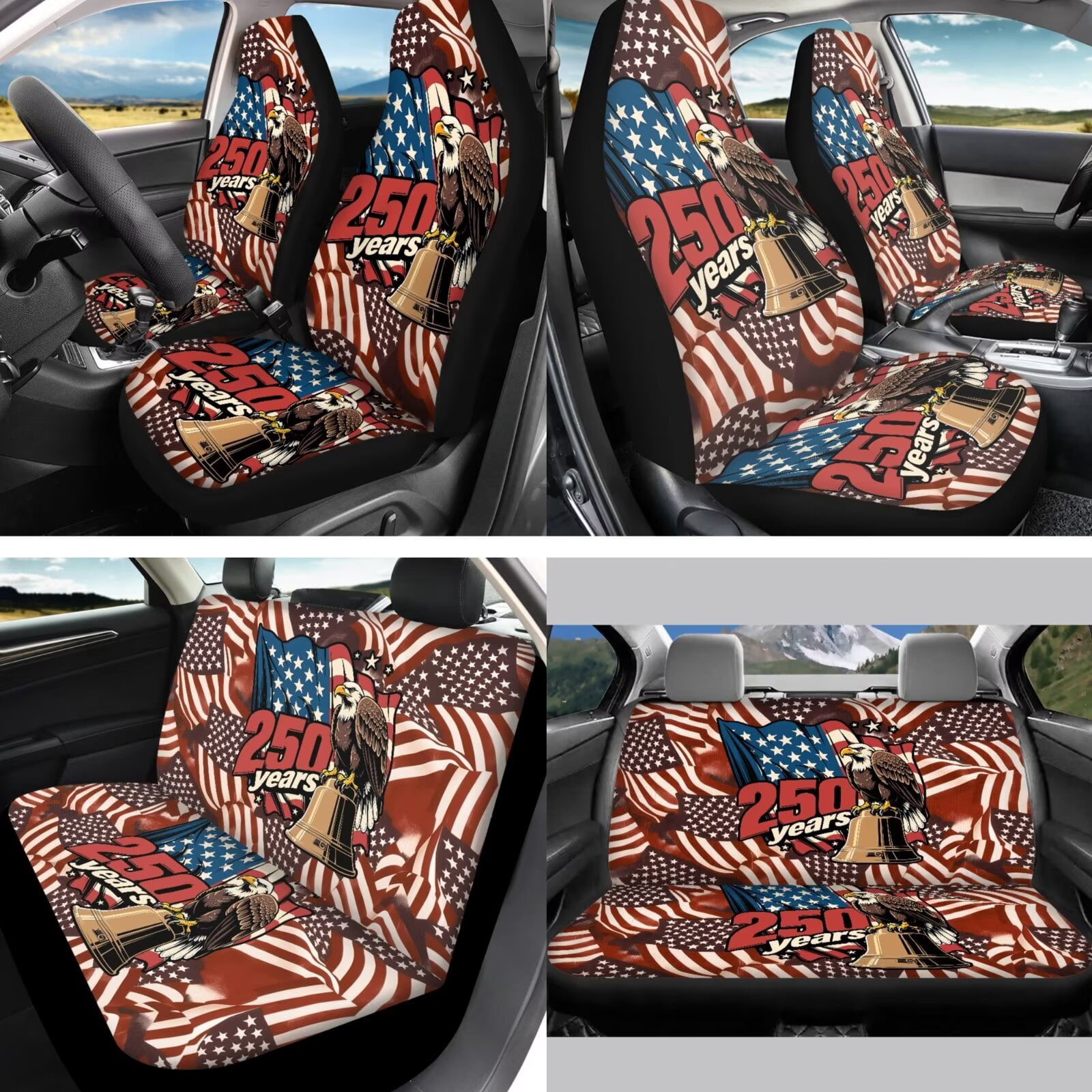 Jeiento 250th Anniversary Car Seat Covers Front Rear Split Bench Full Set Steering Wheel Seat Belt Pads American Eagle Armrest Pad Flag Coasters Key Chain, 13 PCS Auto Interior Accessories