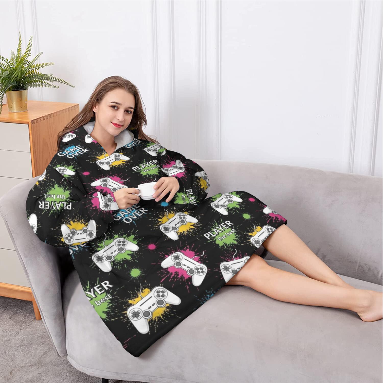 Oversized Wearable Blanket Hoodie,Neon Controllers Games Icons Black Pattern Sherpa Blanket Hoodie with Super Pockets,Super Warm Fuzzy Pullover for Women & Men