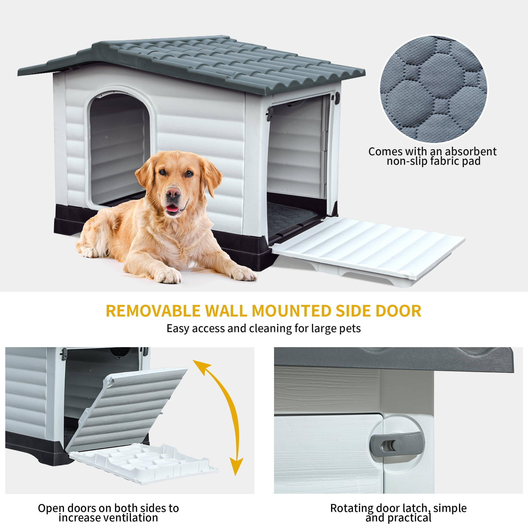 Dextrus Outdoor Large Plastic Dog house with Elevated Base, Water-Resistant 43.7" Large Double Door Dog House with Porch & Cushion Pet House for Small Medium Large Dogs, 43.7''L*33''W*31.6''H