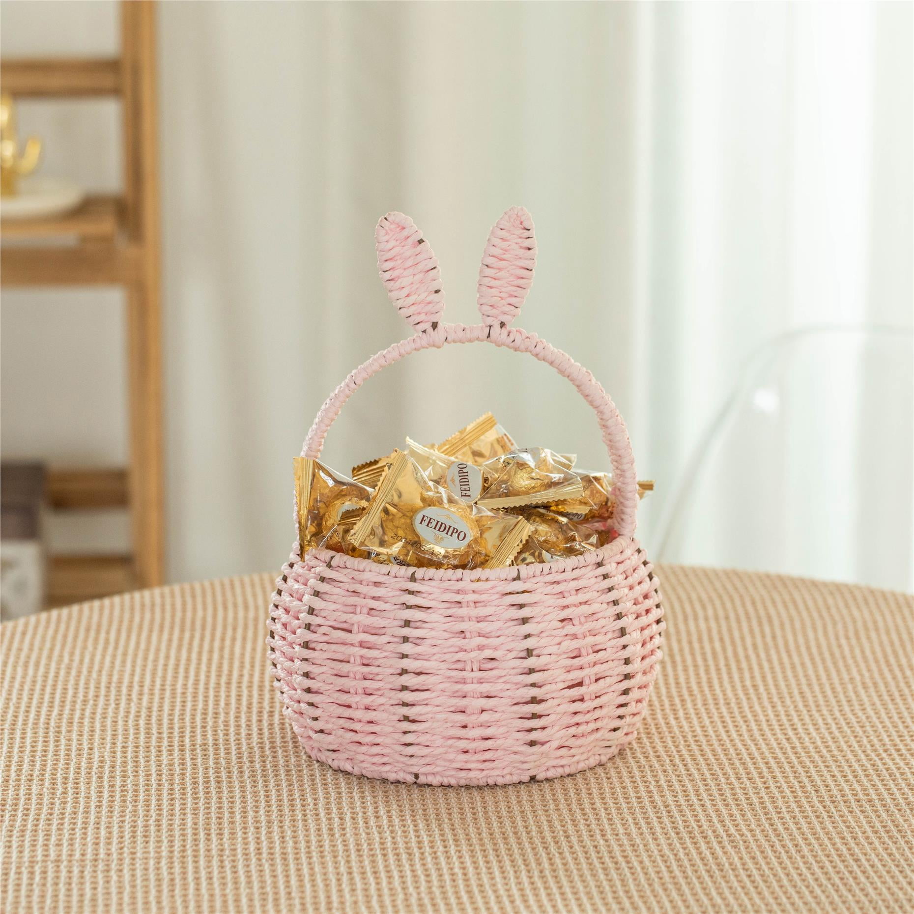 Wickerwise Hand-Woven Easter Bunny Ear Basket with Handle – Multi-Purpose Paper Rope Wicker Basket for Easter Egg Hunts, Picnics, Flower Arrangements, Food Storage, Party, and Home Decor, Pink