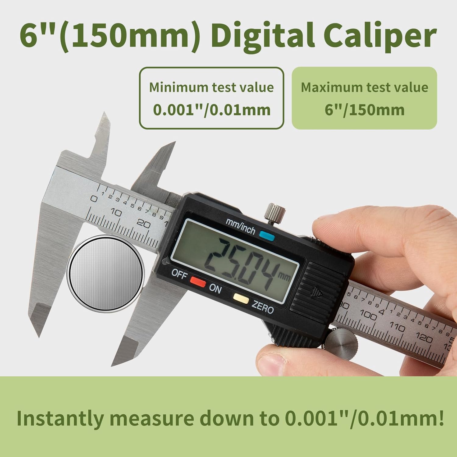 Digital Caliper 0-6" Measuring Tool with Metal Ruler, Micrometer Caliper with Auto-Off Feature, Interchangeable Between inches and millimeters for DIY/Household and 3D Printing, Black