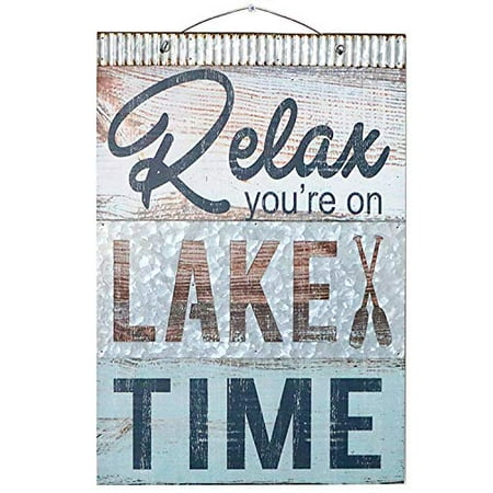 - Barnyard Designs Relax You're On Lake Time Nautical Wooden Plaque with Corrugated Sheet Metal, 20