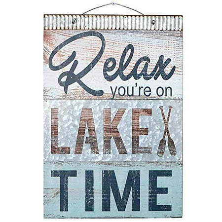 Barnyard Designs Relax You're On Lake Time Nautical Wooden Plaque with Corrugated Sheet Metal, 20