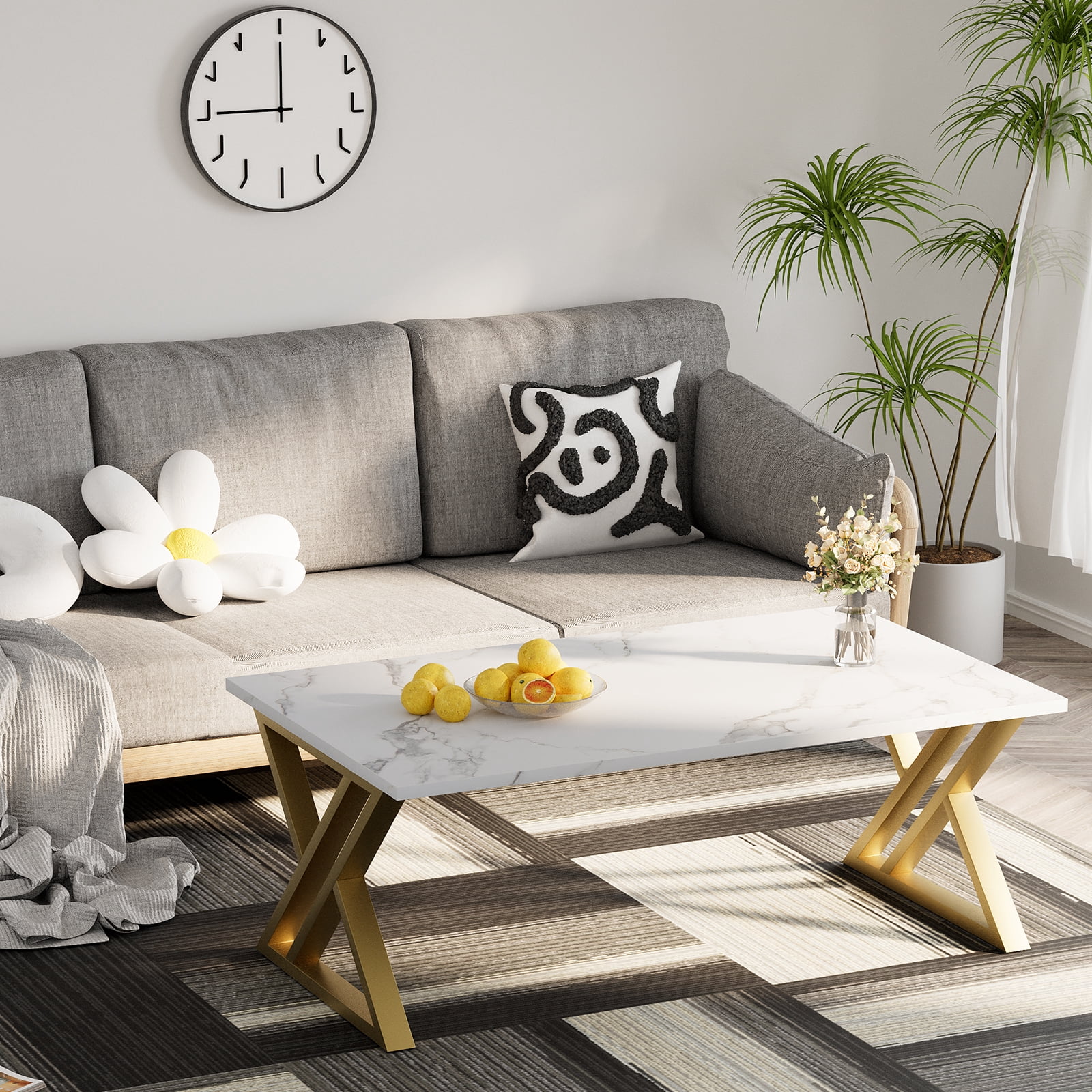 Coffee Table Living Room Table White Center Table, Simple Modern Faux Marble Rectangular Tea Table with Sturdy Gold-Finished Metal Frame,Industrial Wooden Coffee Table for Bedroom Home Office