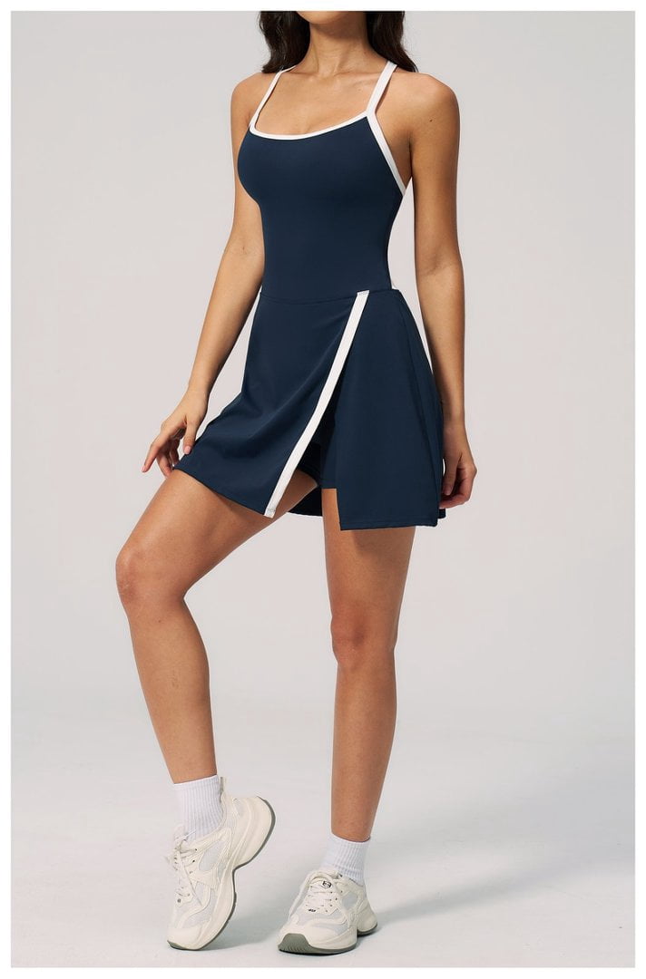 PISONIC Womens Workout Athletic Mini Dress with Built-in Shorts Sleeveless Cutout Tennis Dress