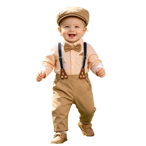 Lovzfmll 4-Piece Boy's Set, Polka Dot Bodysuit & Bib Pants & Hat & Bow Tie, Formal Wear for Newborn, 0-3 Months