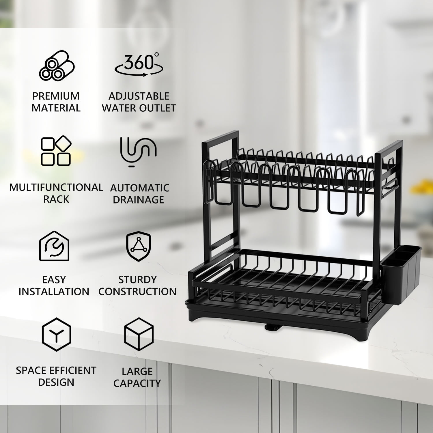 Stelive 2-Tier Dish Drying Rack Dish Drainer Dish/Cup/Cutting Board Cutlery Holder Dish Drainer Rack Multifunctional Storage Rack w/Drainboard & 360° Telescopic Drain Pipe for Kitchen (Black)