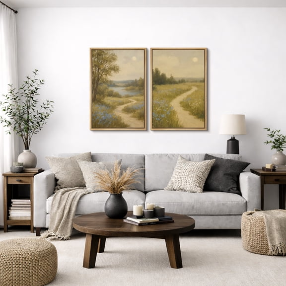 Framed Canvas Print Vintage Country Landscape Wall Art Set of 2 Modern Farmhouse Decorative for Living Room Bedroom - 16"x24"x2 NATURAL