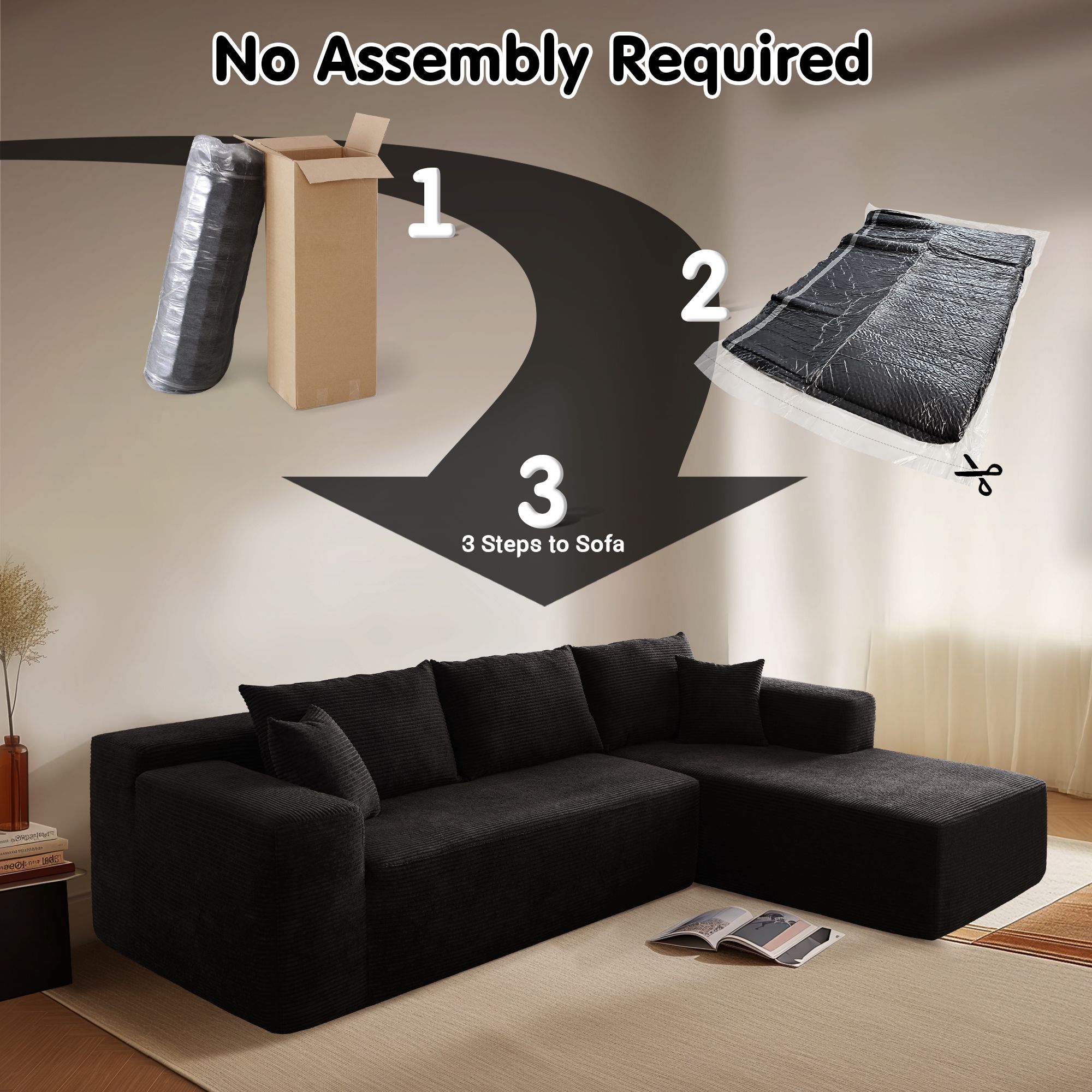 Ovios 106" Cloud Sofa Couch No Assembly Boneless Deep Seat Sofa for Living Room, Black (Corduroy)