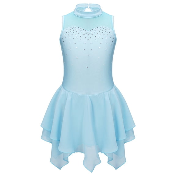 Zaldita Kids Girls Rhinestones Ballet Dance Dress Sleeveless Turtleneck Gymnastic Tutu Leotard Figure Light Blue 16