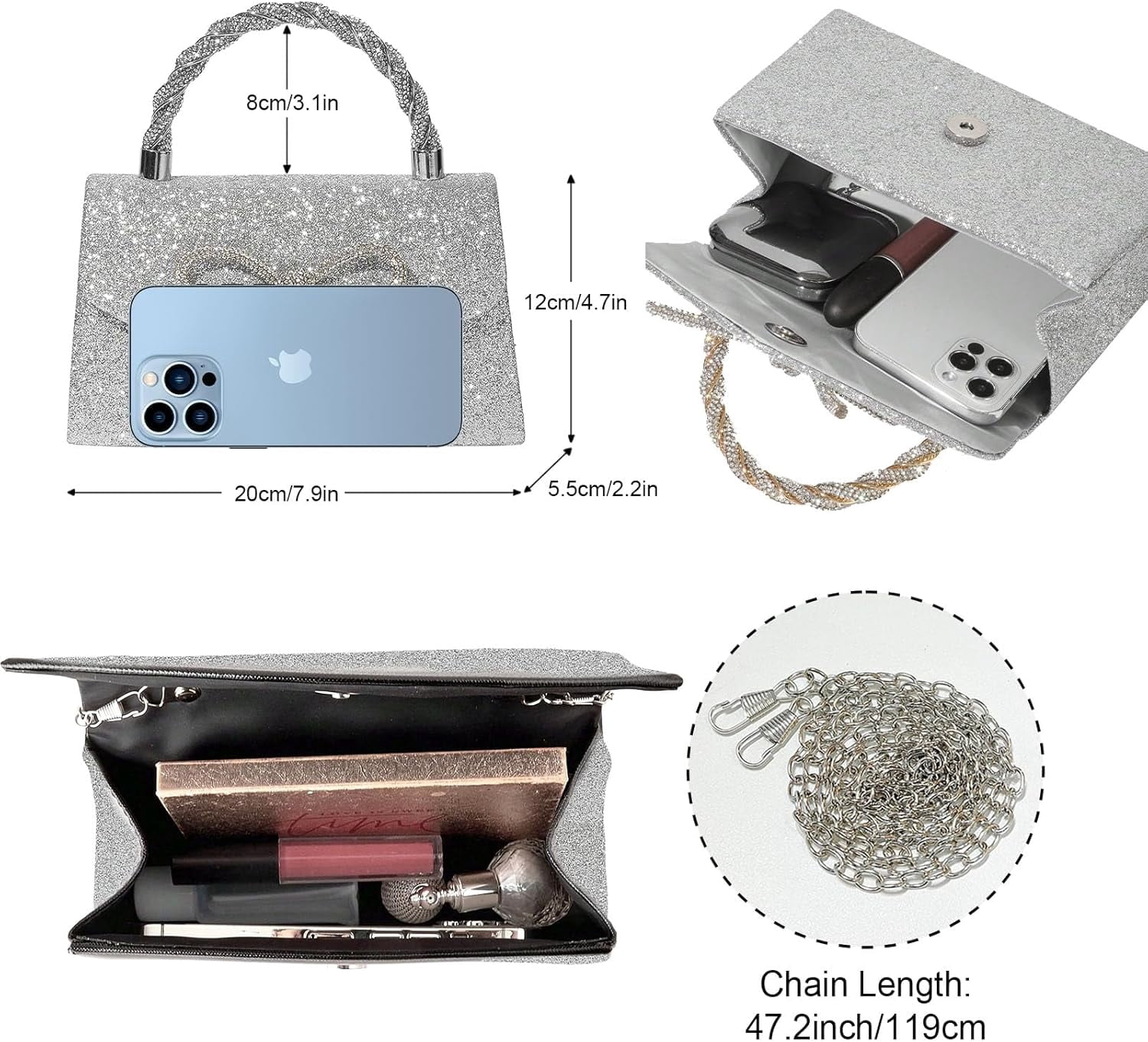 Women Evening Bag Sparkly Bow Clutch Purses Wedding Glitter Rhinestone Clutch Bags Dressy Handbags for Party, Prom