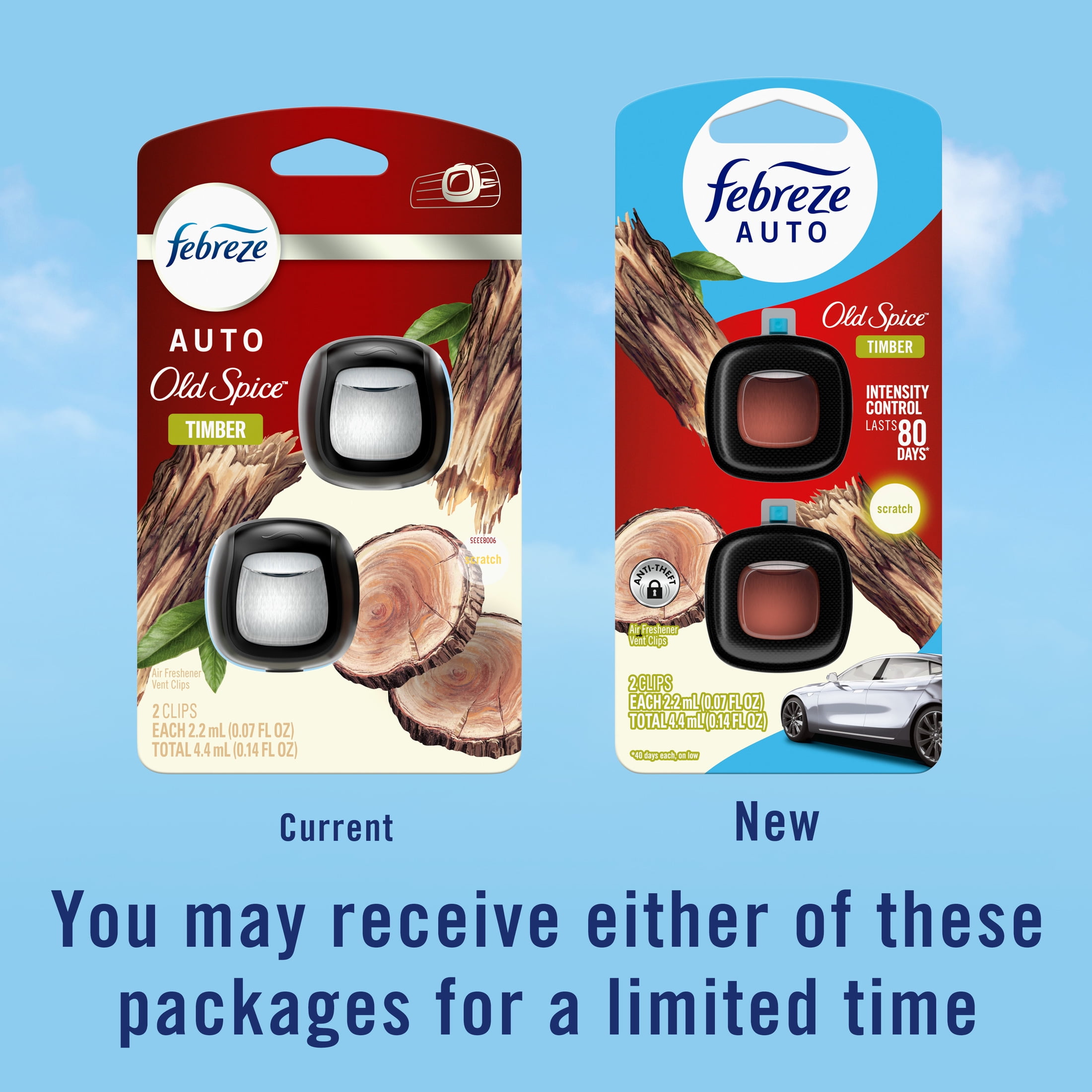 Febreze AUTO Car Air Freshener, Odor-Fighting Car Vent Clip, Old Spice Timber, 2 Count