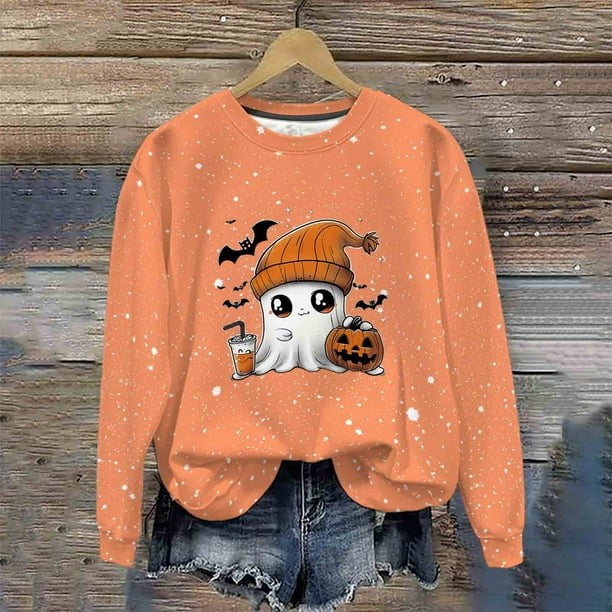 Heisall Womens Hoodies Halloween-themed Sparkling Print Round Neck Long Sleeve Fleece-lined Casual Sporty Fashion Sweatshirts