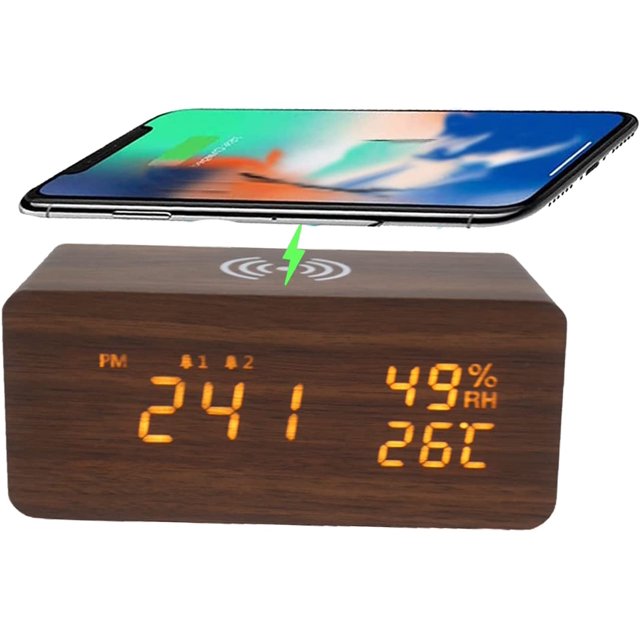 Reloj despertador digital, reloj despertador digital con carga inalámbrica, reloj digital LED Reloj despertador digital con temperatura/puerto de carga USB (marrón) ER