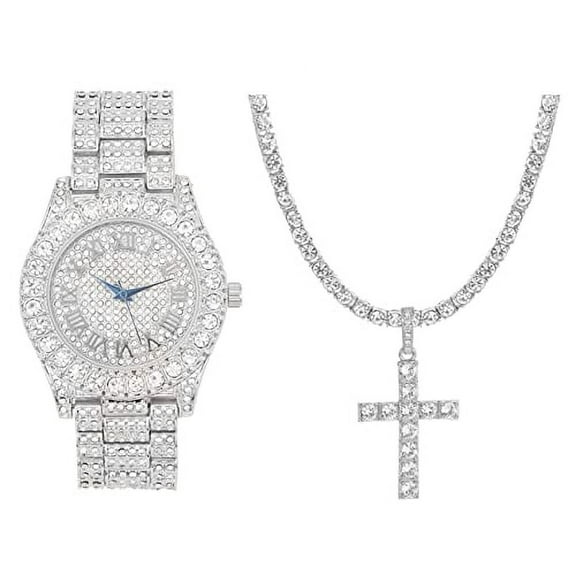 Charles Raymond Luxury Mens Iced Out Tennis Cross Necklace w/Diamond Quartz Wristwatch - Be Lit & Choose The Matching Blinged Out Cuban ZZ Bracelet Set - ST10327RN Classic SLV SLV 2pc Set (18")