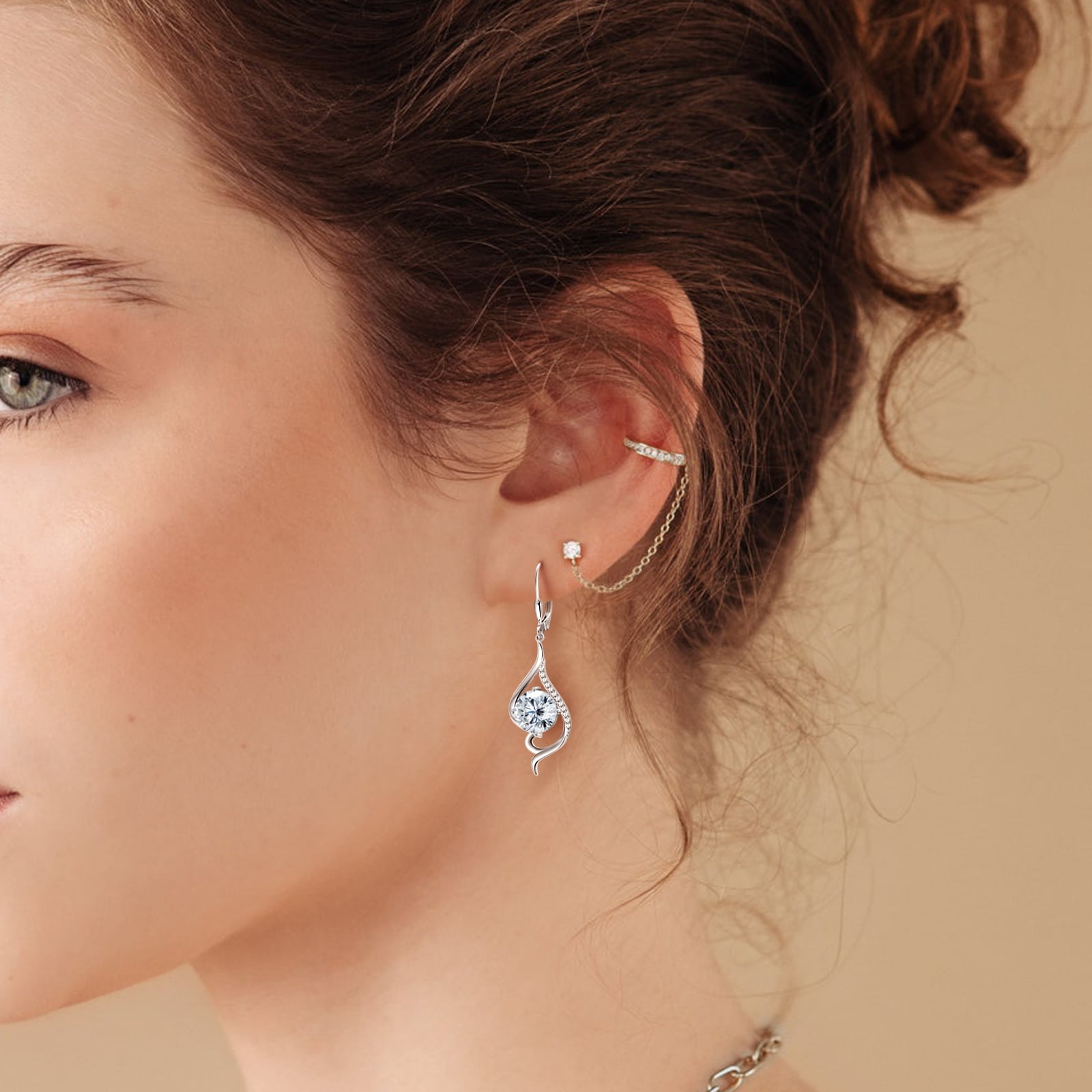 Juwaliy Women Dangle Earrings April Birthstone Earrings Sterling Silver Leverback Diamond Bridal Jewelry Mermaid Tail Wife Birthday Valentines Mother's Day Gift for Her