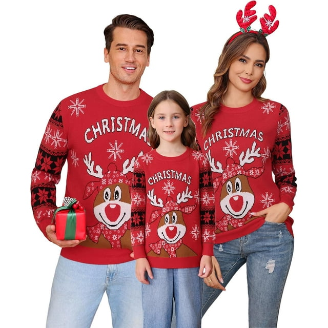 Marvmys Chandail de Noël Assorti pour la Famille Col Rond Rennes Flocons de Neige Chandail Tricoté Laid pour Hommes Femmes