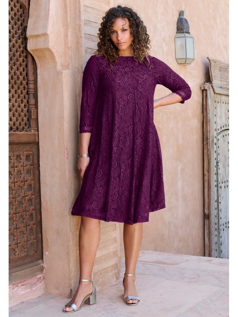 Roaman's Women's Plus Size Plus-Size 3/4 Sleeve Boatneck Lace Swing Dress -  Walmart.com