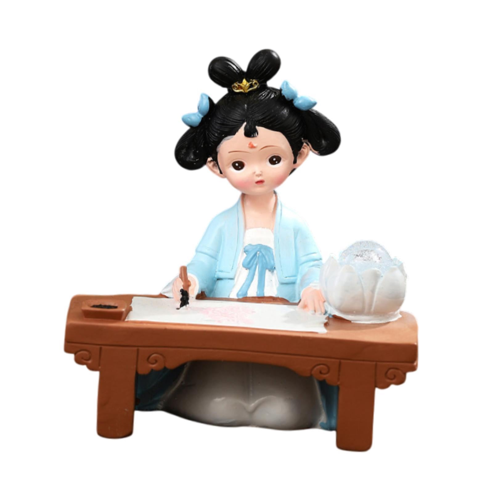 Esquirla Girl Resin Statue Figurine with Light Folk Ethnic Decoration,Miniature Traditional Chinese Ancient for Store Cabinet New Year Blue