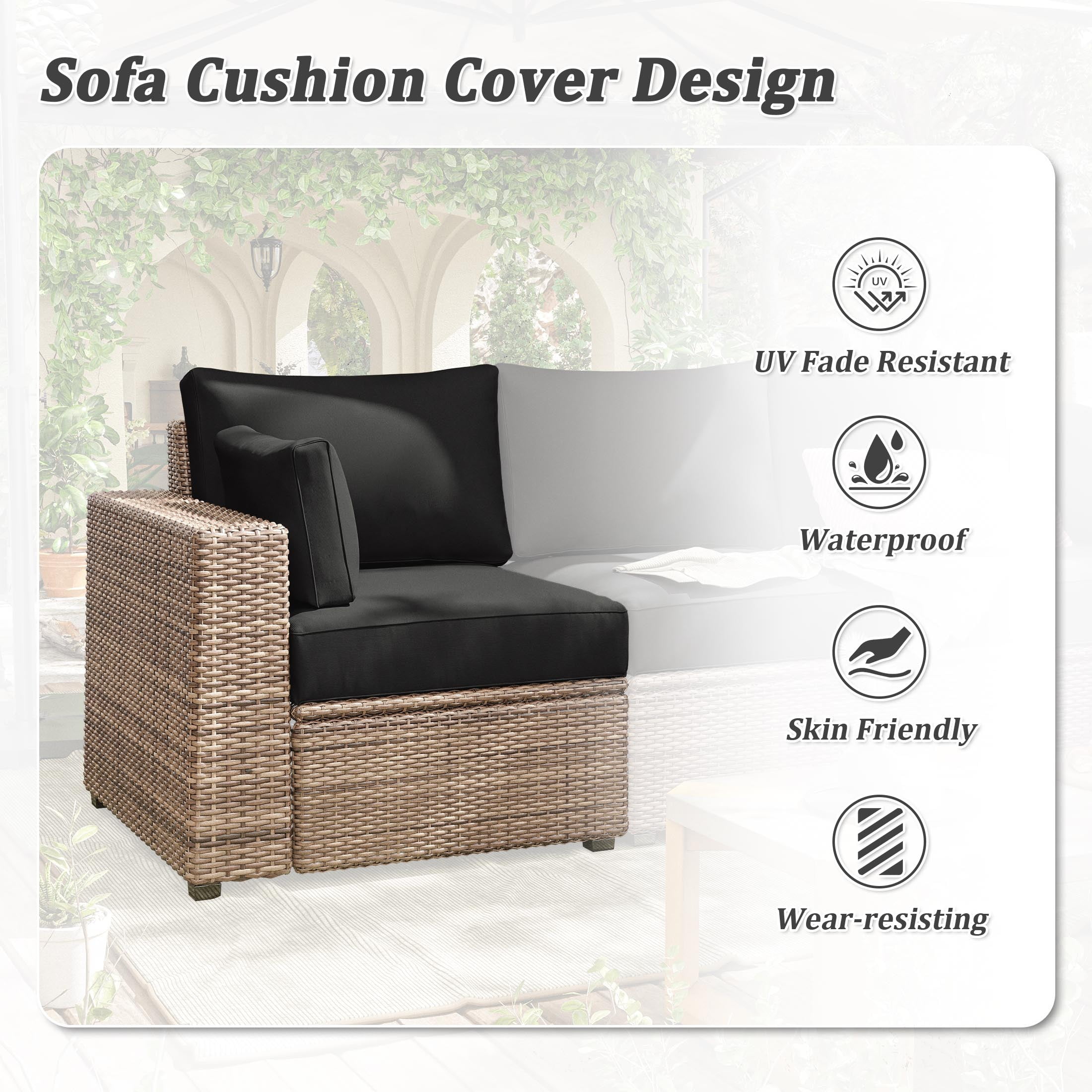 Pakunoda Outdoor Cushions Replacement, 8 Piece Sectional Cushion Fits 3-Seat, 4” Foam Deep Seat, for Patio Rattan Wicker Replacement Cushion, Liner&Cover, Black