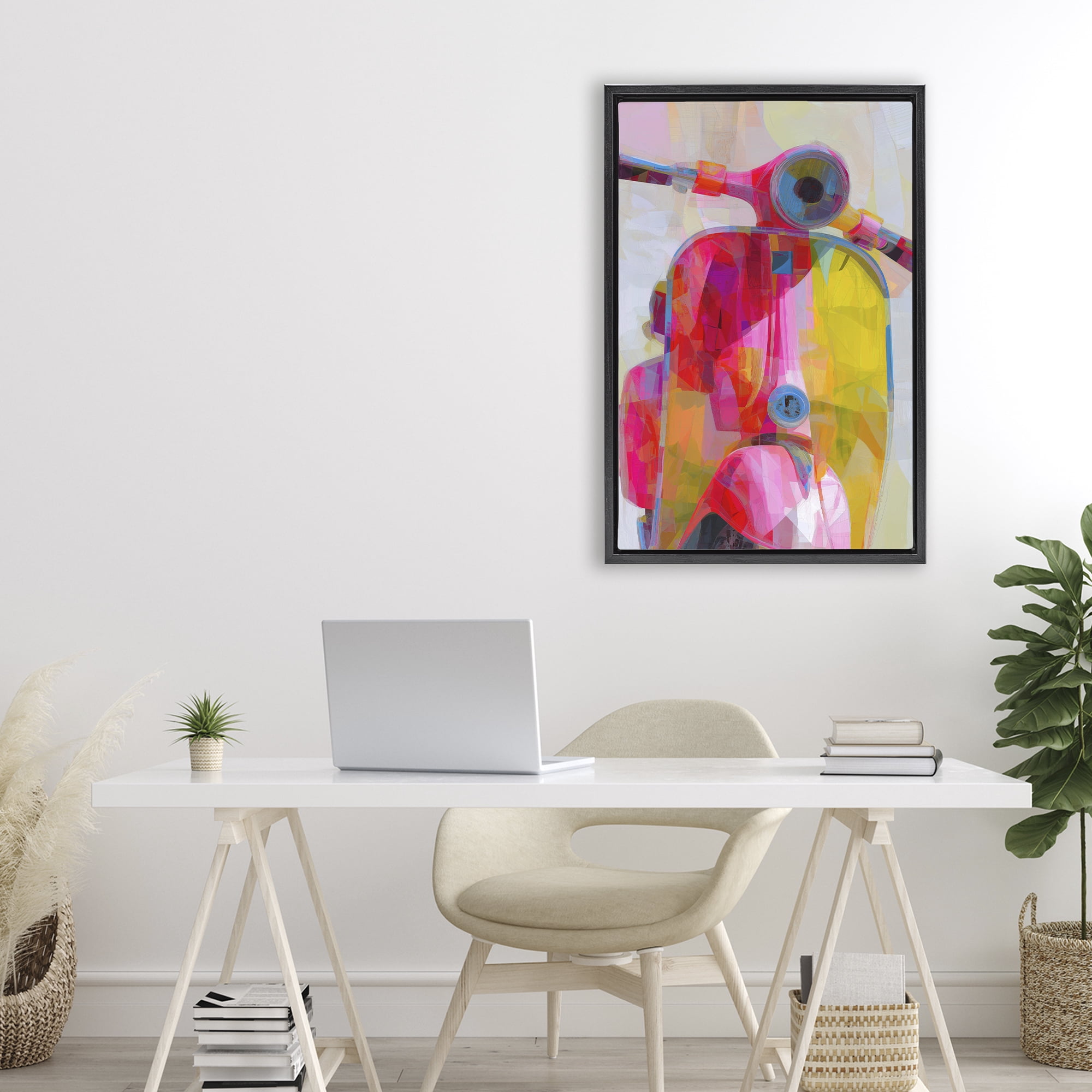 Stupell Industries Vespa in Pink & Yellow Black Framed Floater Canvas Wall Art, design by Chromatic Storm Studio