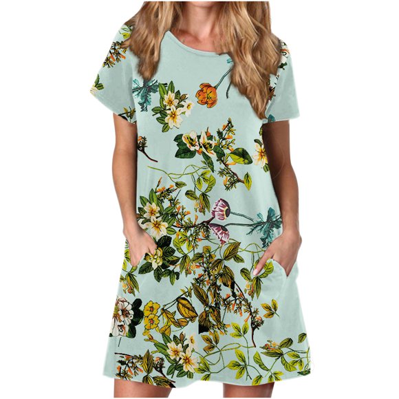 fartey Short Sleeve Sundresses for Women Short Sleeve Crew Neck Midi Dresses with Pockets Loose Fit Trendy Print Sundress