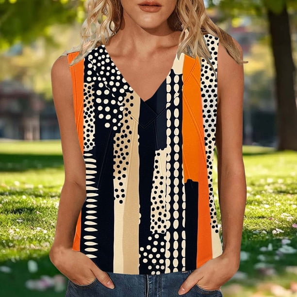 TaTaai Womens Spring Summer Sleeveless Camisole Tshirt V Neck Printed Top Strap Design Loose Fit Casual Fashion Wear Gift