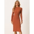 thumbnail image 3 of Vestido de Suéter con Cuello Alto para Mujer Vestido de Punto Acanalado Midi Vestido Ajustado con Abertura de Manga Larga naranja XL, 3 of 6