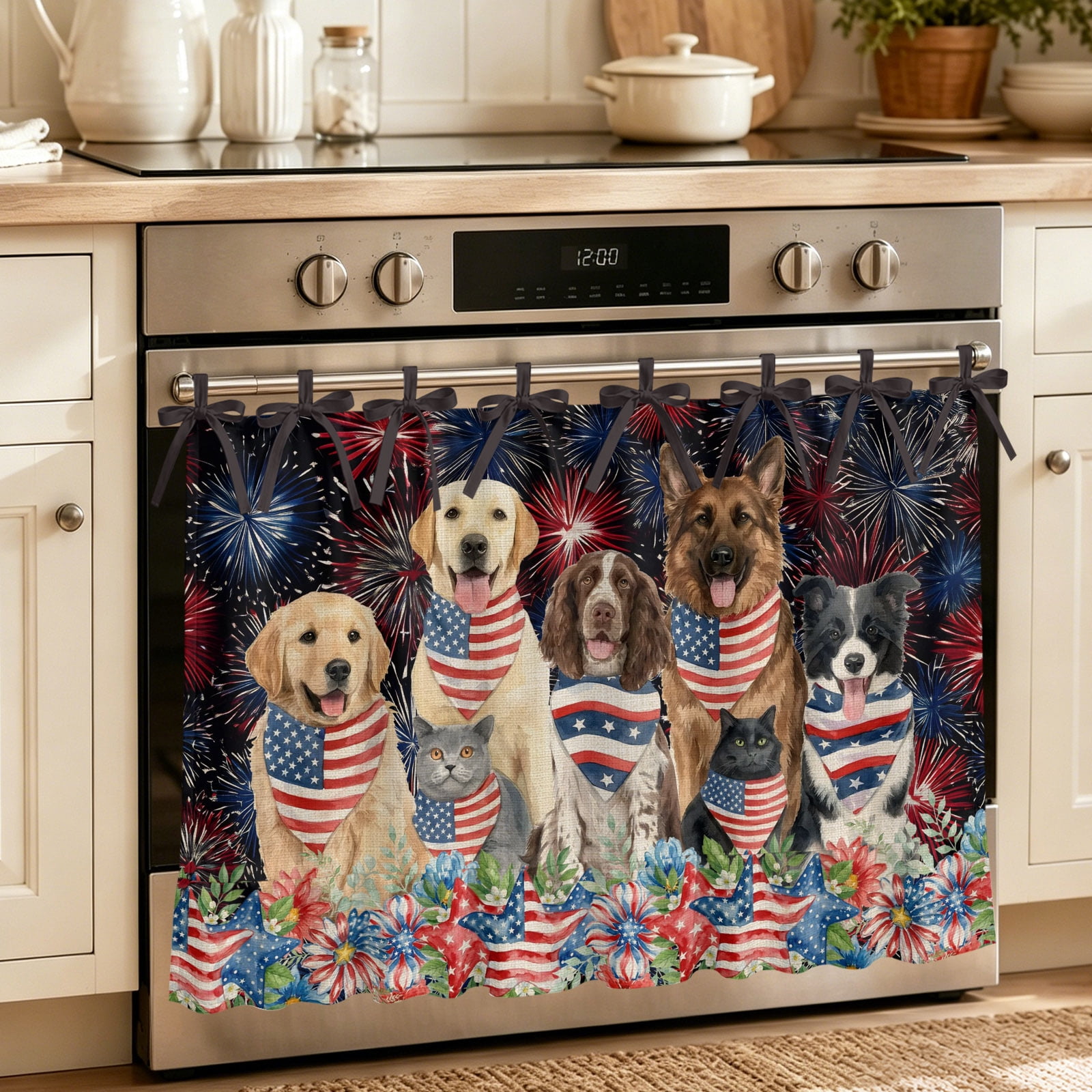 4th of July Fireworks Oven Skirt for Farmhouse Kitchen D&eacute;cor Independence Day Dogs Poppy Floral Oven Curtain Tie Top Decorative Stove Skirt Cabinet Dish Washer Curtains 8 Ribbon Ties 30 x21.5