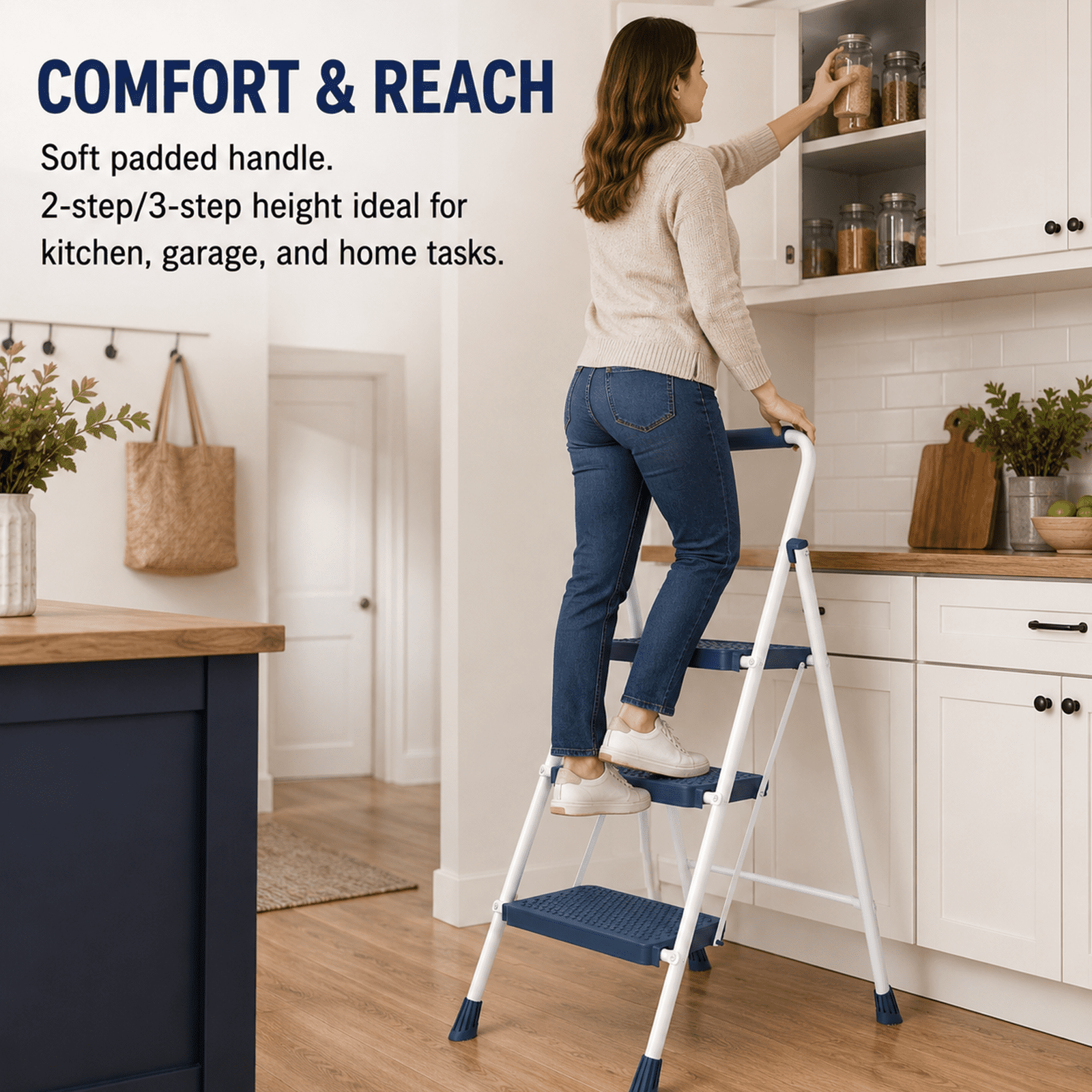 Alvantor 2/3-Layer Step Ladder with Anti-Slip Pedals and Comfortable Handrail