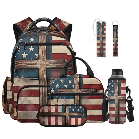 FOR U DESIGNS American Flag Cross Print 17 Inch Backpack 6Pcs Set, Lightweight Bookbag with Lunch Box Pencil Case Water Bottle Sleeve Bookmark Keychain School Bag for Elementary, 250th Anniversary